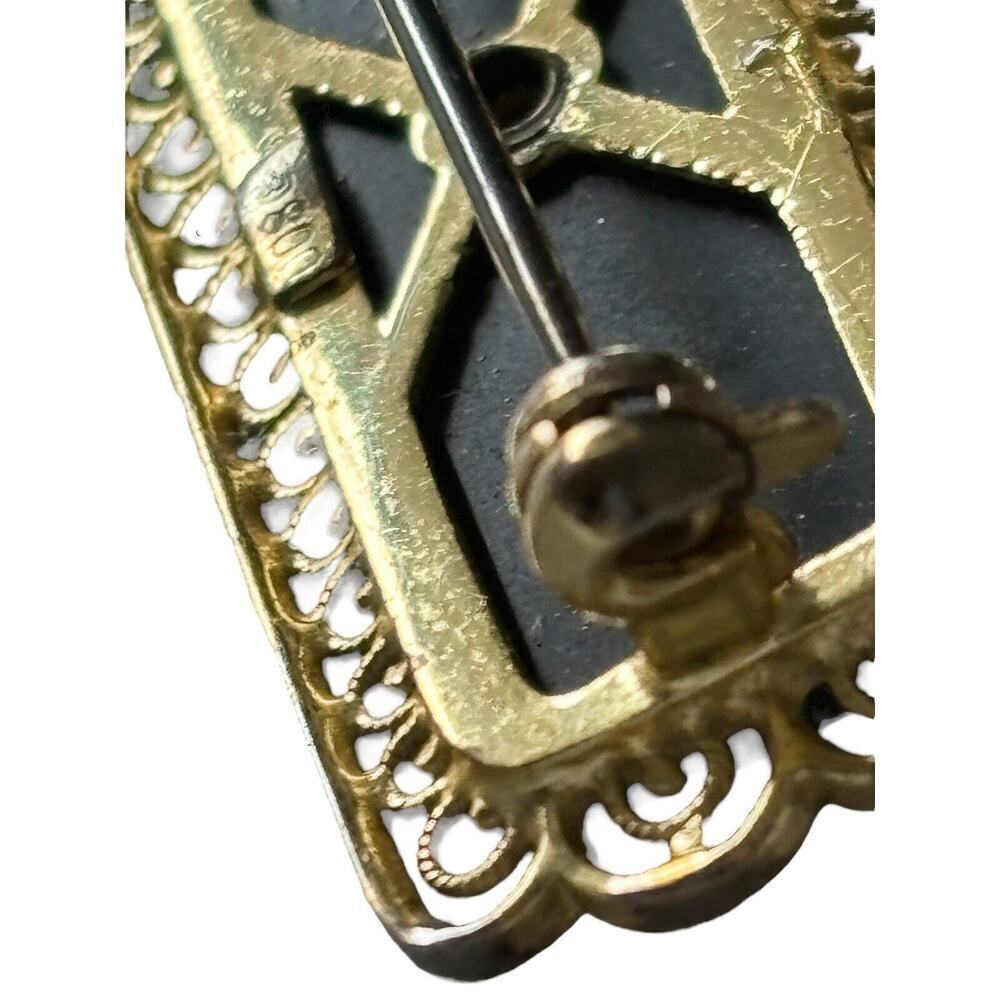 Antique 800 Sterling Silver Vermeil Filigree Onyx Mourning Bar Brooch Pin - Picture 9 of 10